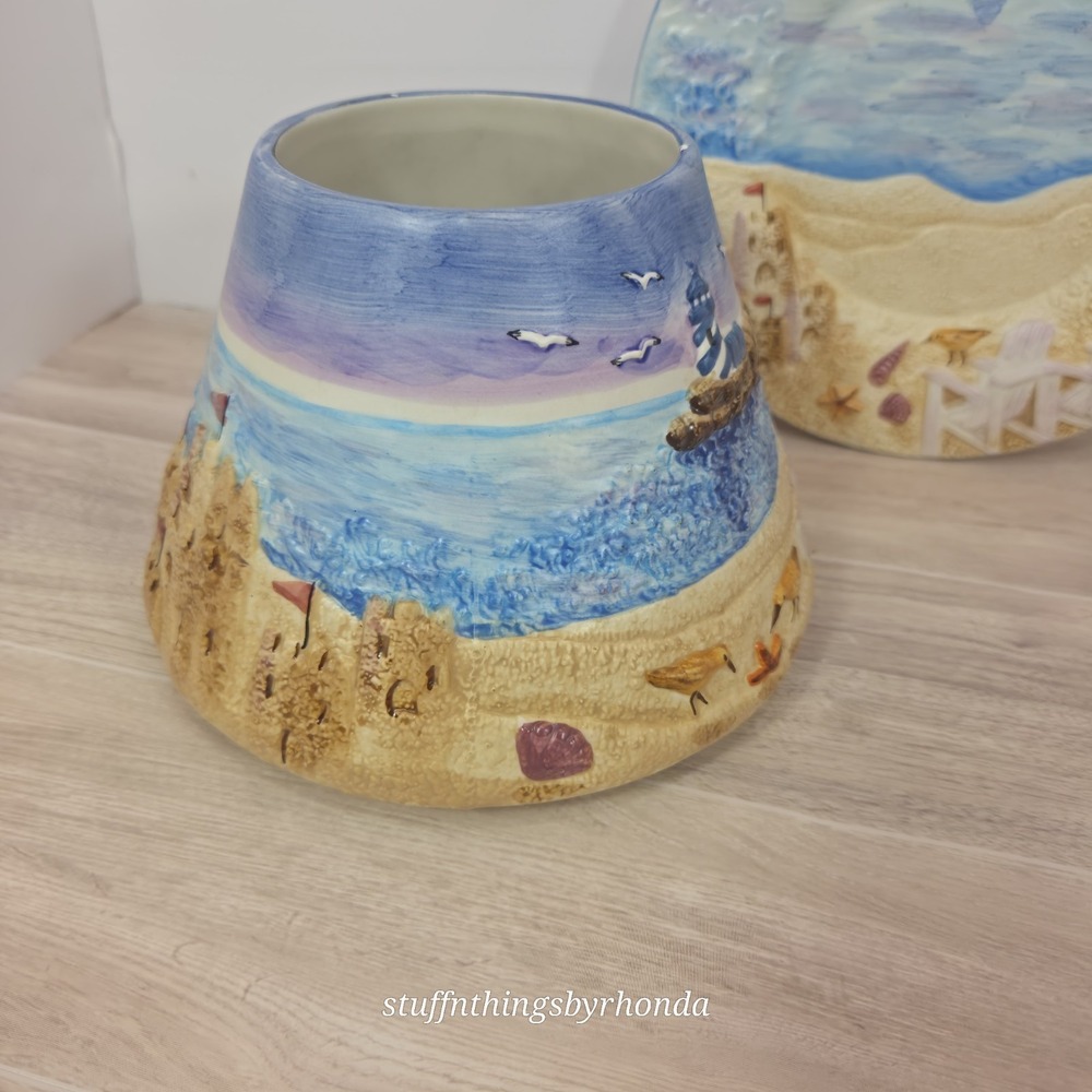 Yankee Candle Lighthouse Sandcastle Beach Ceramic LG Jar Topper Shade With Plate - Picture 3 of 10